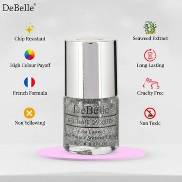 DeBelle Gel Nail Polish Shimmer Top Coat (Holo Shimmer Transparent Nail Paint)|Non UV - Gel Finish |Chip Resistant | Seaweed Enriched Formula| Long Lasting|Cruelty and Toxic Free| 8ml